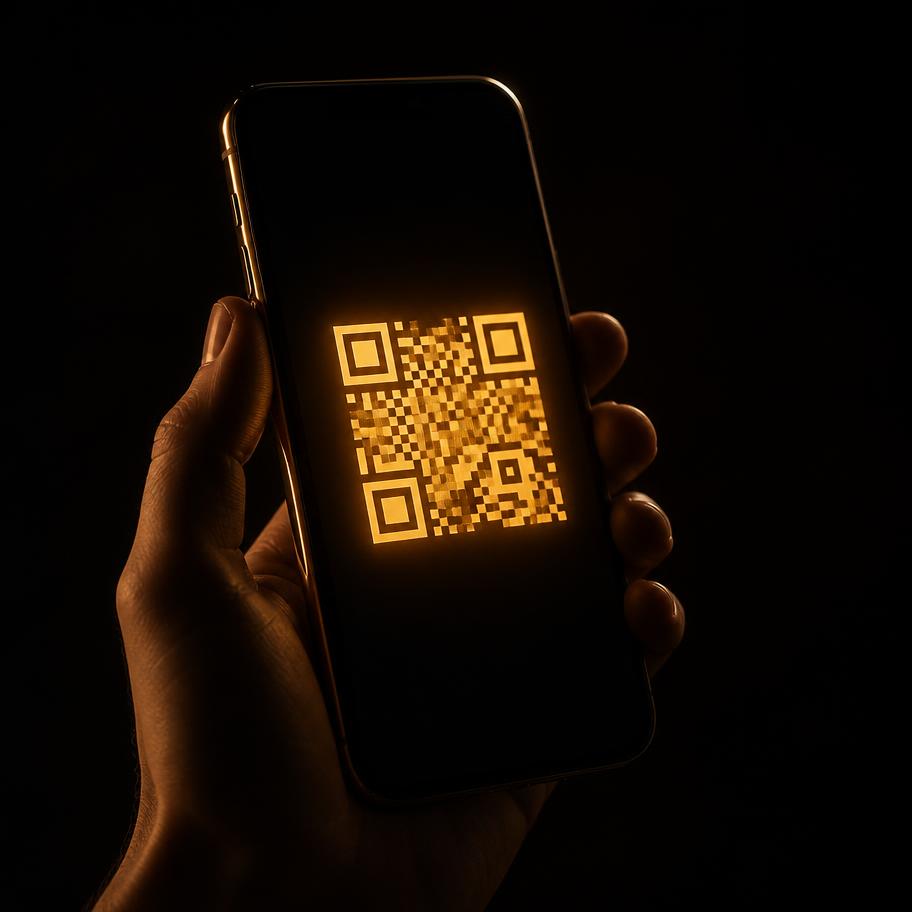 A hand holding a phone showing a glowing gold referral QR code