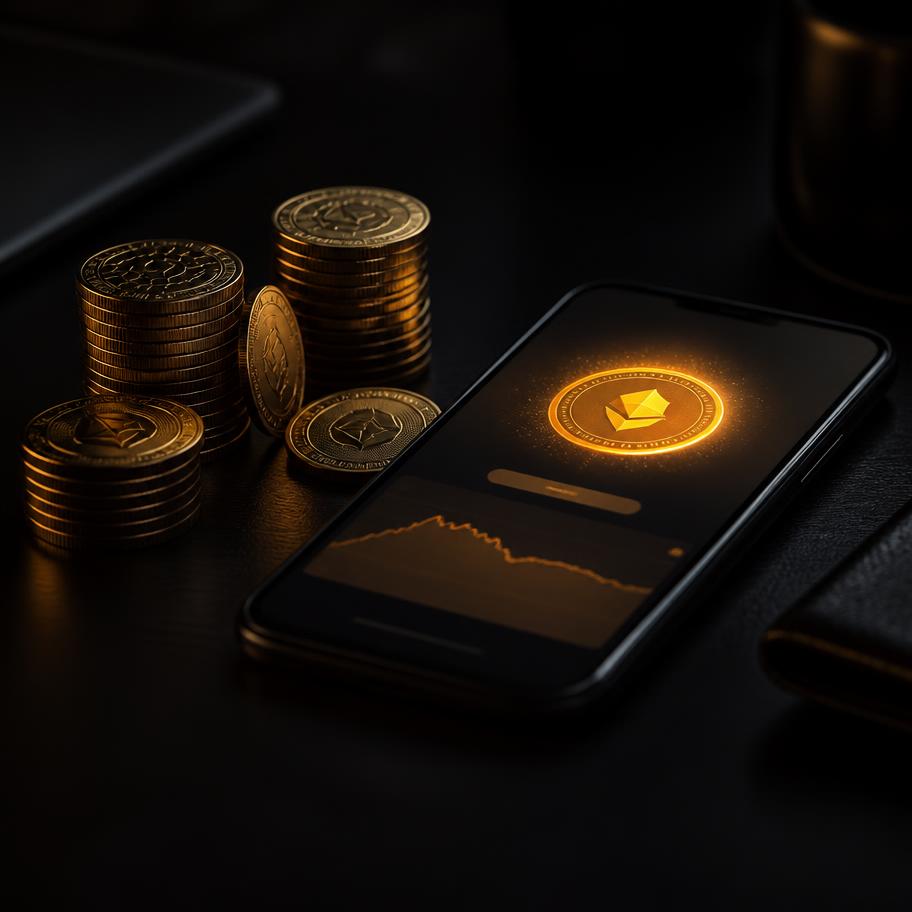Gold coins beside a phone showing a crypto wallet payout screen